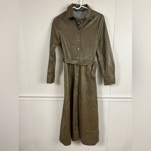 Zara Belted Faux Leather Midi Olive Green Trench Shirt Dress Size XS Utility